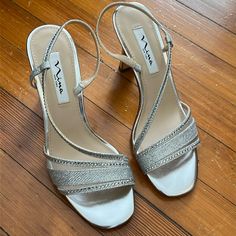 New With Original Box, Never Worn. Silver, Crystal Heels Silver Low Heel Heels For Events, Elegant Silver Heels For Dinner, Silver Heels For Dinner, Chic Silver Heels For Dinner, Dressy Sandals Heels, Sliver Heels, Silver Glitter Heels, Glitter High Heels, Dressy Sandals