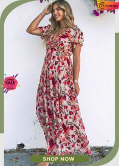 Red Floral Print Frilled V Neck Short Sleeve Maxi Dress Non-stretch Floral Print Maxi Dress With Short Sleeves, Non-stretch Short Sleeve Maxi Dress With Floral Print, Red Flowy Maxi Dress With Floral Print, Non-stretch Multicolor Floral Print Maxi Dress, Red Printed Floral Dress For Spring, Red Bohemian Floral Dress For Spring, Bohemian Red Floral Dress For Spring, Red Bohemian Floral Dress For The Beach, Bohemian Red Floral Beach Dress