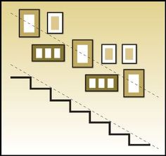 there are many frames on the stairs to be framed with pictures above them, and below it is a set of steps that lead up to an upper level