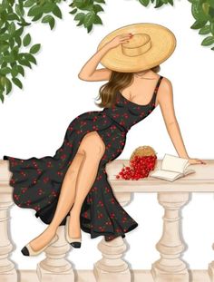 a woman in a dress and hat sitting on a bench