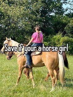 a girl riding on the back of a brown horse in a field with trees behind her