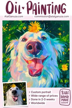 a painting of a dog with flowers on its head and the words oil painting written below it