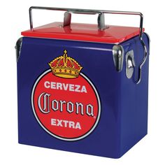 a blue and red cooler with a crown on it's top that says cerveza corona extra