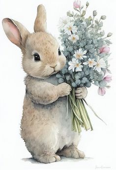 a painting of a bunny holding a bouquet of flowers