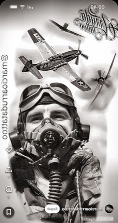 a black and white photo of a man wearing a gas mask with airplanes in the background