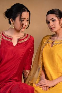 Shop for Pants and Pajamas Modal Silk Zardozi Embroidered Neckline Kurta Set for Women Online at Aza Fashions Scallop Dupatta, Yellow Kurta, Zardozi Work, Silk Pant, Kurta Set For Women, Notched Neckline, Silk Kurta, Embroidered Neckline, Kurta With Pants