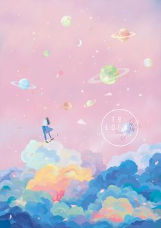 a girl flying through the air on top of a cloud covered sky with planets in the background