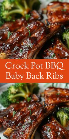 baby back ribs covered in bbq sauce and broccoli on a white plate