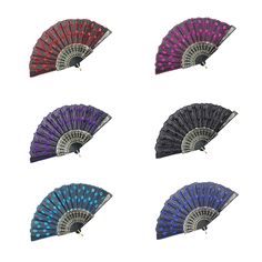 four different colored hand fans on a white background