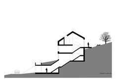 an architectural drawing of a house on top of a hill with stairs leading up to the roof