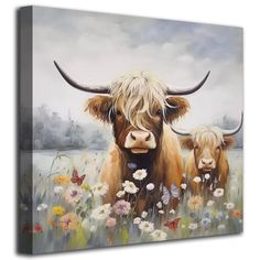 a painting of two cows in a field with wildflowers on the ground and one is looking at the camera