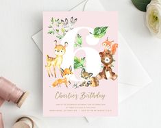 an animal themed birthday card with the number three on it's front and bottom