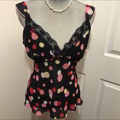 Sweet & Sassy Cami Sz L Nwot Black Poly Chiffon With Multi Color Polka-Dots. Lace Trim, Ties To The Back. Ruching Along Breasts. No Flaws, Snags Or Holes. Laundered Dress It Up To Peek Out From Jacket Or Topper Or Dress Down With A Pair Of Panties! I Do Not Lower The Price Of Items $19 Or Less, Unless Bundled Fitted V-neck Coquette Tops, Heart Soul, Dressed Down, Dream Wardrobe, Pink Red, Women's Intimates, Lace Trim, Polka Dots, Multi Color