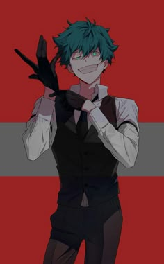 an anime character with green hair and black pants holding his hands up in the air