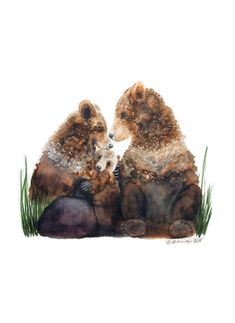 two bears are sitting in the grass with their paws on each other's shoulders