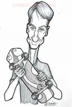 a caricature drawing of a man holding a skateboard in one hand and a microphone in the other