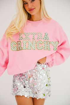 EXTRA GRINCHY PINK PULLOVER PULLOVER Judith March Pink And Green Checkered, Extra Grinchy, Green Checkered, Judith March, Sweater Season, Pink Pullover, Christmas Outfits, Holiday Looks, Stay Cozy