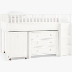 a white crib with two drawers and a dresser next to it on a white background