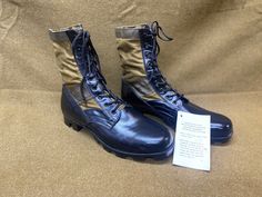 "Brand new 90's reproduction utility combat tropical jungle camo boots size 12W. Mint condition, rubber sole, made in China.  Please, check carefully the measurements, photos and description of the article before buying it, we do not accept changes or returns. Outsole Approximate Dimensions: 12 1/2\" long heel to toe. 12\" Inside from the heel to the toe. 4\" Widest wide in front of footwear. 1\" Tall heel. 11\" Tall total. Let me know if you have any questions or would like to see additional photos. International buyers: Please ask for the shipping rates speciality for your country." Military Style Steel Toe Work Boots, Military Combat Boots With Steel Toe, Combat Lace-up Boots With Steel Toe, Combat Desert Boots With Steel Toe, Shoes Boots Combat, Black Military Boots, Camo Boots, Canvas Boots, Military Boots