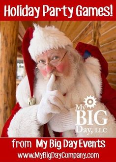 a man dressed as santa claus making a funny face with his finger to his mouth