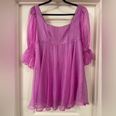 Buddylove The Betsy Lavender Dress - Size Medium - Nwt - Never Worn - True Lavender Color With Sheer Feminine Sleeves - Mini Dress - Tag Is Coming Off The Dress On One Side But I Purchased This Way - Still In Stock On Website At Full Retail Price! - See Photos For Website Images With Someone Wearing It Purple Puff Sleeve Mini Dress For Brunch, Feminine Purple Puff Sleeve Mini Dress, Flowy Purple Mini Dress With Short Sleeves, Flowy Lavender Mini Dress, Lavender Flowy Mini Dress, Pink And Green Dress, Sequin Wrap Dress, Mexican Embroidered Dress, Wrap Dress Short