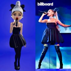 a woman in black dress and high heeled boots on stage next to an animated doll