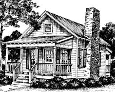 a black and white drawing of a small house with porches on the front, trees in the background