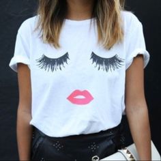 100% Brand New 2 Colors: White, Black Material: Cotton Size: Sizes S, M, L Outfit Trends, Loose Tops, Print Blouse, Women's Summer Fashion, Shirts & Tops, White T, Casual T Shirts, Casual Tops, Eyelashes