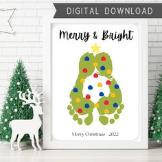 a christmas card with the word merry and bright on it, next to two small trees