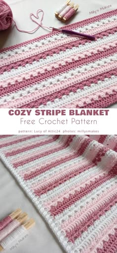 a crocheted blanket with pink and white stripes on it, next to knitting needles