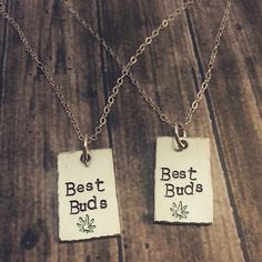 Best Buds Sterling Silver Hand Stamped Necklace Set by TheTokeShop Leaf Stamp, Two Necklaces, Hand Stamped Necklace, Best Bud, Hand Stamped, Dog Tag Necklace, Necklace Set, Best Friends, Stamp