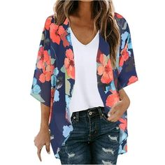 Women's Floral Print Puff Sleeve Kimono Cardigan Loose Chiffon Cover Up Casual Blouse Tops Features: Chiffon Material:Comfortable and soft feeling,Lightweight and Stylish Feature:Casual V neck t-shirt, transparent mesh neckline, short sleeve/sleeveless, flat hem finished, basic solid color, trendy and elegant. Occasion: Great for casual indoor or out door wear,Date, Vacation,Beach,Vocation,Hang out, give you fashion and happiness. All We Want is to Bring You Different Fashion. Makes you Fashion Chiffon Kimono Outfit, Gilet Kimono, Chiffon Cover Up, Chiffon Cardigan, Cardigan Plus Size, Cardigan Kimono, Chiffon Kimono, Blouse Tops, Kimono Cardigan