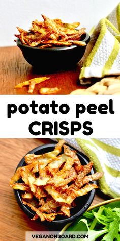 two pictures with the words potato peel crisps in front of them and an image of some