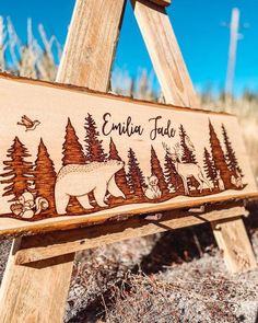 home decor, wall decor, furniture, wood signs, handmade pieces and decorations Wood Burned Name Signs Nursery, Wood Burning Designs, Woodland Forest Animals, House Name Signs, Detailed Art, Pyrography Art, Wood Burning Patterns, Woodland Scene