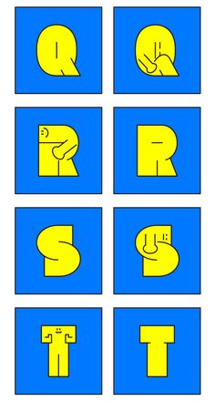 four different types of speech bubbles in yellow and blue squares with the letter t on them