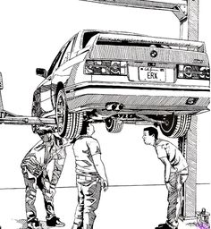 three men are working on a car under the lift in front of another man who is standing next to it