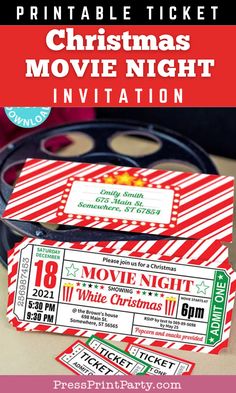 the printable christmas movie night ticket is shown in red and white striped wrapping paper