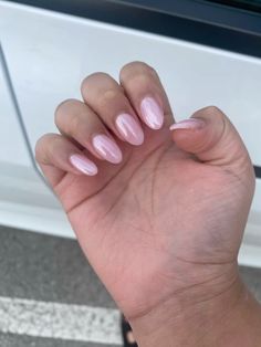 Nails For Hoco Pink Dress, Light Pink Nails For Hoco, Light Pink Crome Nails Ideas, Hoco Nails Pink Dress, Aura Nails Light Pink, Light Pink Shiny Nails, Light Pink French Tip With Chrome, Pale Pink Nails With Chrome, Bubble Gum Chrome Nails