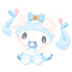 a cute little baby doll with big eyes and a blue bow on her head sitting down