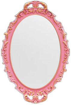 a pink and gold mirror with an ornate frame