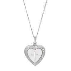 Give your jewelry box a sweet refresh with this mother-of-pearl embellished sterling silver cross heart locket necklace. Click on this JEWELRY & WATCHES GUIDE to learn about fit, styles, materials and more! Give your jewelry box a sweet refresh with this mother-of-pearl embellished sterling silver cross heart locket necklace. Click on this JEWELRY & WATCHES GUIDE to learn about fit, styles, materials and more! FEATURES Pendant length: 1.125 in. Chain length: 18 in. Chain type: Venetian box Clasp White Gold Sterling Silver Jewelry For First Communion, Silver Cross Pendant Jewelry For First Communion, Sterling Silver Cross Pendant Jewelry For Valentine's Day, Sterling Silver Cross Pendant For First Communion, Engraved Cross Pendant Jewelry For Mother's Day, Engraved Cross Jewelry For First Communion, Silver Pendant Jewelry For First Communion, Silver Cross Jewelry With Heart Charm, White Cross Jewelry For Valentine's Day