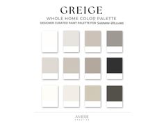 the color palette for greige is shown in shades of gray, beige and white