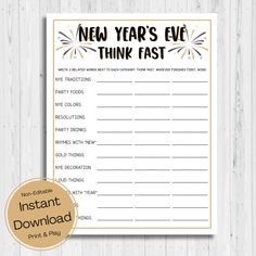 the new year's eve think fast printable game is shown on a wooden table