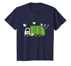 a t - shirt with a garbage truck and ducks on the front, in blue