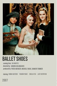 an advertisement for ballet shoes featuring two women in white dresses and one is holding a book