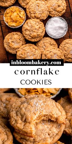 cornflake cookies are stacked on top of each other with the words cornflake cookies above them