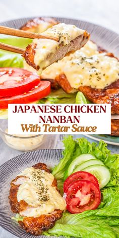 japanese chicken nannan with tartar sauce on a plate next to lettuce, tomatoes and cucumbers