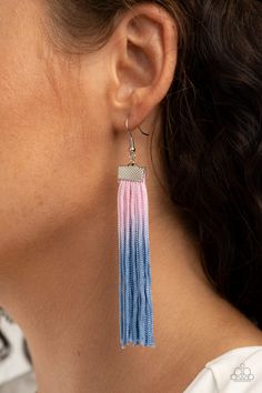 Colorful threaded tassels gradually darken from pink to blue, creating a vivacious fringe at the bottom of a hammered silver fitting. Earring attaches to a standard fishhook fitting.

 Sold as one pair of earrings. Paparazzi Jewelry Images, Live Text, Paparazzi Accessories Jewelry, Purple Earrings, Yellow Earrings, Paparazzi Accessories, Paparazzi Jewelry, Pink Earrings, Hammered Silver