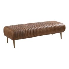 a brown leather bench sitting on top of a wooden leg rest with an upholstered design