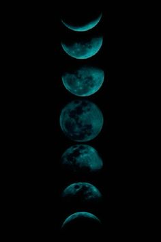 five phases of the moon are shown in black and blue colors, with one half lit up